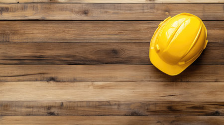 Top-down view of a construction hard hat on a wooden scaffold plank, ready for work.の素材