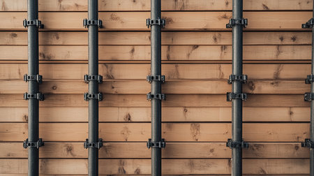 Flat lay of scaffolding pipes arranged in parallel with safety connectors.の素材