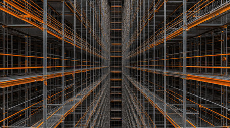 Top-down view of an intricate scaffolding system with metal poles and safety railings, forming an urban construction aesthetic.の素材