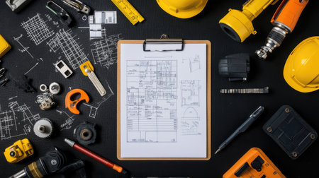 Top-down view of an engineer's clipboard with a checklist, technical drawings, and a pen.の素材