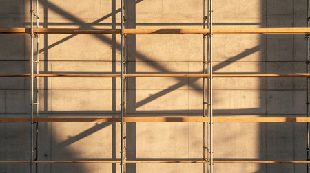 Top-down view of a metallic scaffold structure casting sharp shadows on the ground.の素材
