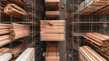 Top-down view of a scaffolding system with planks, braces, and ladders forming a structured arrangement.の素材