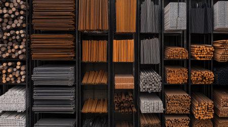 Top-down view of scaffolding materials neatly arranged on a factory floor.の素材