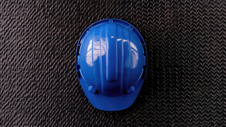 Top-down view of a blue hard hat with an adjustable strap lying on a black rubber mat.の素材
