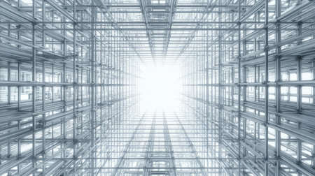 Top view of an industrial scaffolding framework with strong linear lines and support structures.の素材