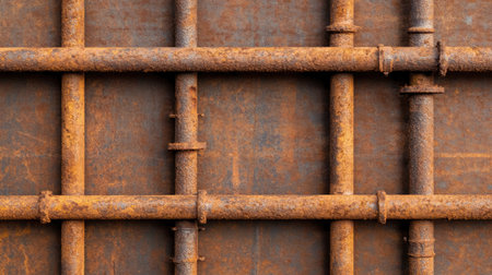Top-down view of a network of scaffolding pipes with metallic reflections and worn-out textures.の素材