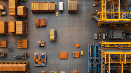 Top-down view of scaffolding materials neatly arranged on a factory floor.の素材