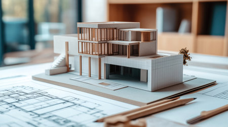Modern architectural workspace with a scale model of a building, technical drawings, and drafting tools arranged on a white table.の素材