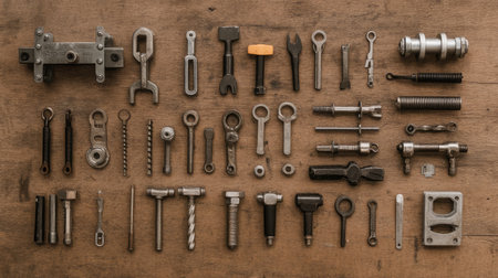 Flat lay of various scaffold couplers and clamps placed neatly on a textured surface.の素材