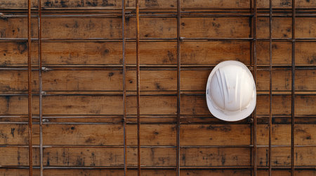 Top view of a single hard hat resting on metal scaffolding at an urban construction site.の素材
