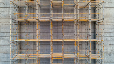 Top view of a scaffolding platform with visible support bars and structural reinforcements.の素材