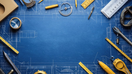 Minimalist workspace with architectural tools, scale rulers, and a protractor placed neatly on a blueprint background.の素材
