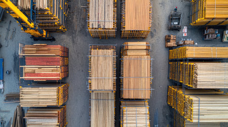 Flat lay of scaffold frames and platforms stacked together, ready for assembly.の素材