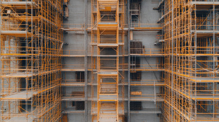 Top view of metal scaffolding structures arranged in geometric patterns on a concrete surface.の素材