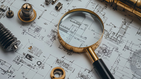Top-down view of an engineering desk with a magnifying glass over detailed schematics.の素材