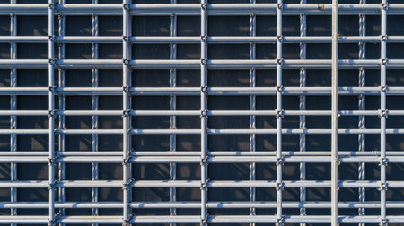 Top-down view of a grid-like arrangement of metal scaffolding pipes with shadows.の素材