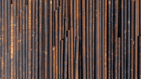 Top-down view of steel scaffolding pipes neatly organized on a rough wooden floor.の素材