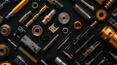 Top-down view of precision mechanical parts arranged neatly on an engineering table.の素材