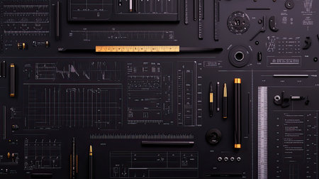 Top-down view of industrial design elements, including calipers and measuring tape.の素材