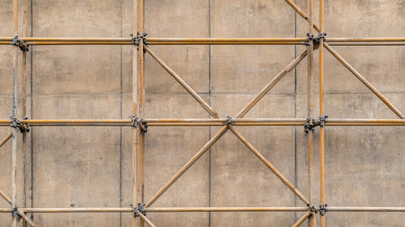 Top view of a scaffolding framework with intersecting metal poles and connectors.の素材