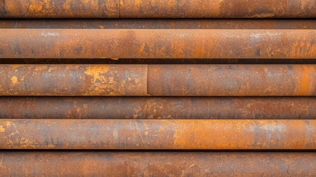 Top-down view of scaffolding pipes with rusted edges, showing signs of use.の素材
