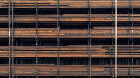 Top view of scaffold planks stacked neatly, creating a strong industrial texture.の素材