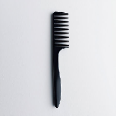 A black comb with a tail end for sectioning hair, isolated on a white surface.の素材