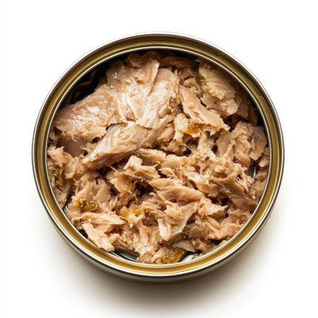 An opened can of tuna with flaky fish inside, isolated on white.の素材