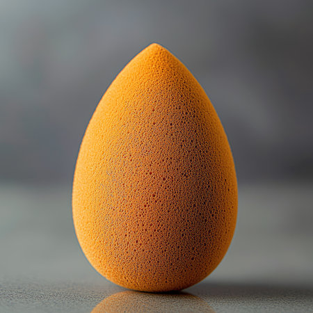 A beauty sponge covered in liquid foundation, makeup blending tool.の素材