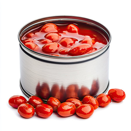A can of baked beans in tomato sauce with a few beans spilling out.の素材
