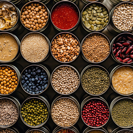 An overhead shot of multiple opened cans displaying different food items.の素材