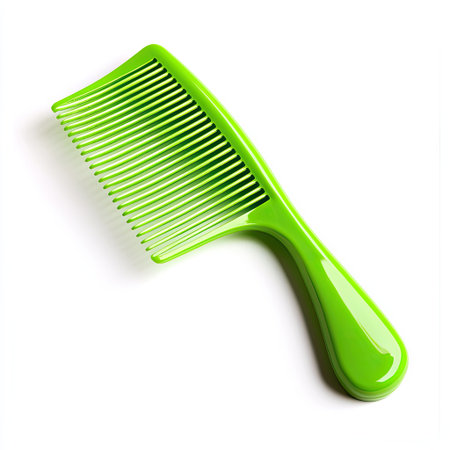 A bright green plastic comb with a sleek handle, isolated on white.の素材