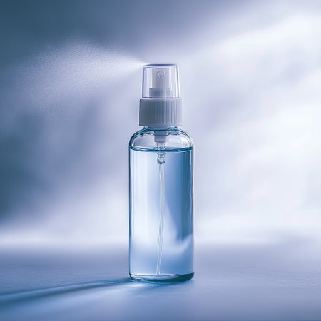 A facial mist bottle with a light spray effect, refreshing skincare product.の素材