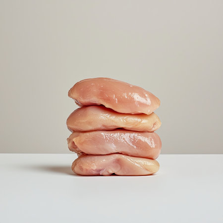 A neat stack of raw chicken breasts, isolated on a white surface.の素材