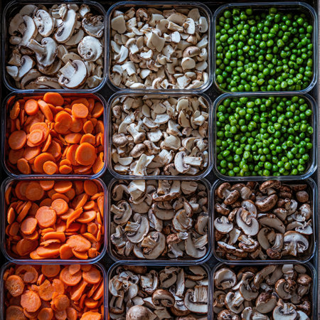 A collection of canned mushrooms, peas, and carrots, neatly displayed.の素材