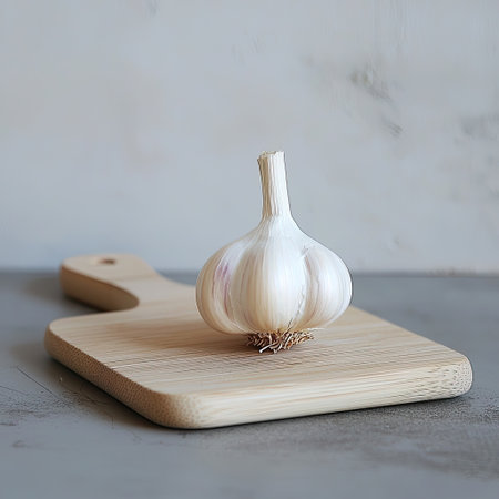 A garlic bulb on a small wooden cutting board, classic kitchen scene.の素材