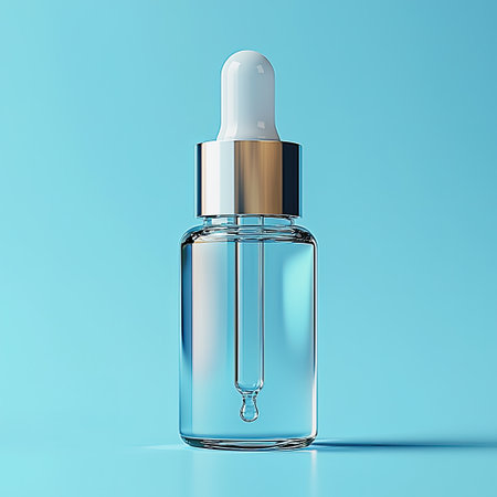 A facial serum bottle with a dropper cap, hydration and skincare concept.の素材