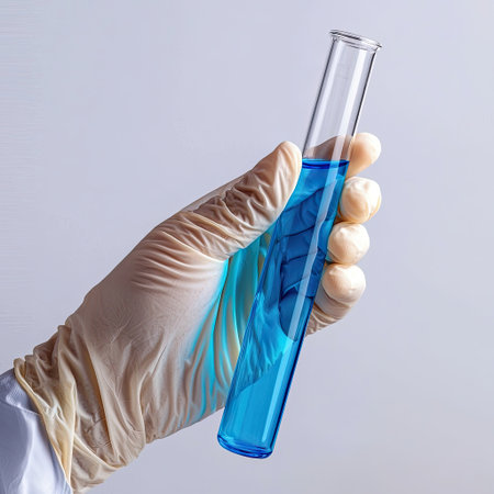 A hand wearing latex gloves holding a test tube with a blue substance.の素材