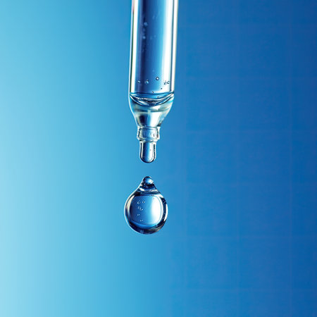 A drop of serum forming on the tip of a glass pipette, skincare detail.の素材