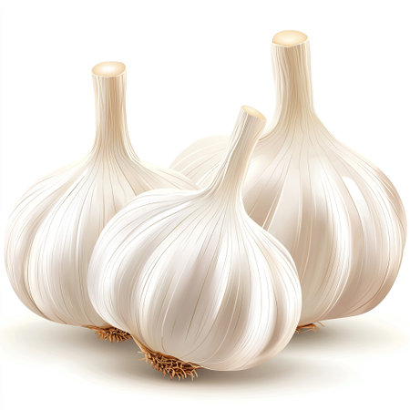 A group of fresh garlic bulbs arranged neatly, organic and healthy.の素材