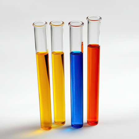 A group of test tubes containing colorful chemical solutions, isolated.の素材
