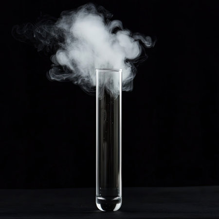 A laboratory test tube with smoke or vapor coming out of it.の素材