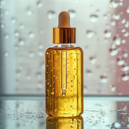 A luxury face oil bottle with golden drops on a glass surface.の素材