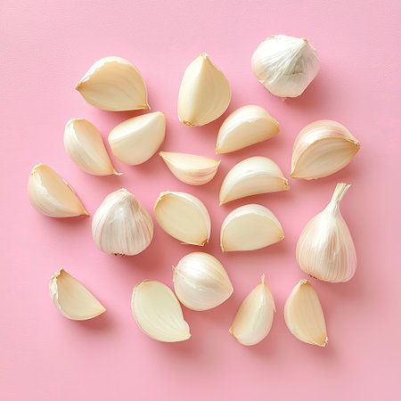 A composition of peeled and unpeeled garlic cloves scattered naturally.の素材