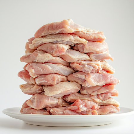 A neat stack of raw chicken breasts, isolated on a white surface.の素材