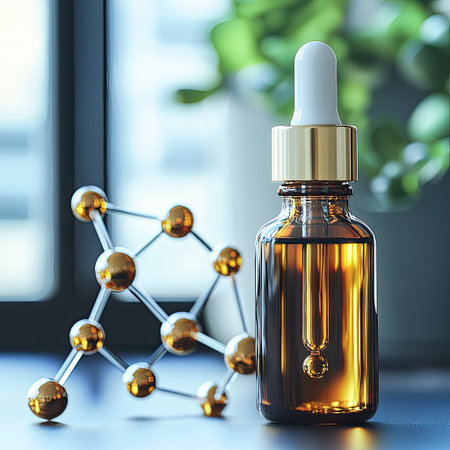 A serum bottle with a scientific molecular structure in the background.の素材