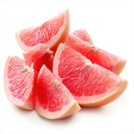 A pile of juicy pomelo segments, showcasing their vibrant pink flesh, isolated on white.の素材