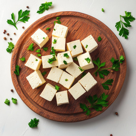 Tofu cubes on a wooden cutting board, with a few scattered around, isolated.の素材