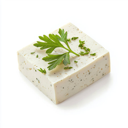 Fresh tofu block with a few leaves of parsley for garnish, isolated on white.の素材