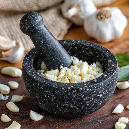A stylish shot of a mortar and pestle with crushed garlic paste.の素材